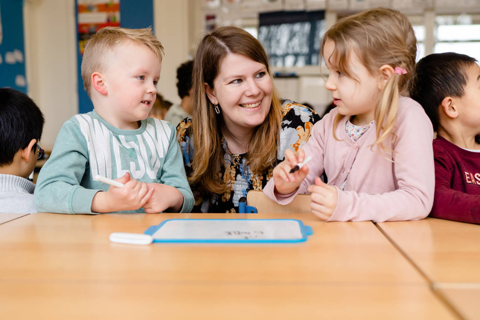 Kinderen kijken leerkracht aan in de klas